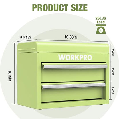 WORKPRO Mini Metal Tool Box with 2 Drawers and Top Storage, Small Tool Chest with PVC Liners and PP Feet Pads, Cold Rolled Steel Toolbox with Magnetic Tab - color: Macaron Green