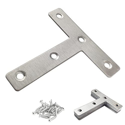 10pcs 80x80mm/3.15"x3.15" Flat T Shape Corner Braces Mending Bracket Plate 304 Stainless Steel for Furniture Repair with 50 Screws