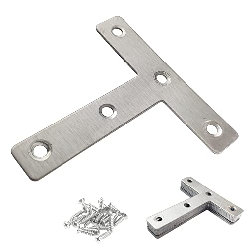 10pcs 80x80mm/3.15"x3.15" Flat T Shape Corner Braces Mending Bracket Plate 304 Stainless Steel for Furniture Repair with 50 Screws