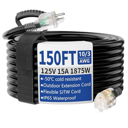 150ft Outdoor/Indoor Extension Cord with Lighted 10/3 Gauge Ultra 3 Prong Heavy Duty SJTW, Waterproof, Flexible Cold-Resistant,15A 125V 1875W, Black - size: 150FT