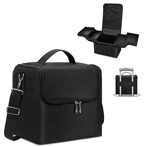 Large Makeup Carrying Train Case for Women, Black Travel Bag Storage Box,4 Tier Professional Nail Organizer Case with Adjustable Dividers for Nail Tools Jewelry MakeUp Brushes - color: Black Regular