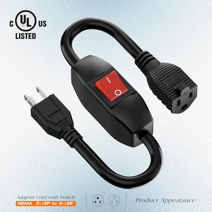 Inline On/Off Switch Extension Cord, Plugrand 3-Prong Household Switchable Power Cords, Heavy Duty 15A 125V, Double Break Switch Extension Cable, 40CM Cord