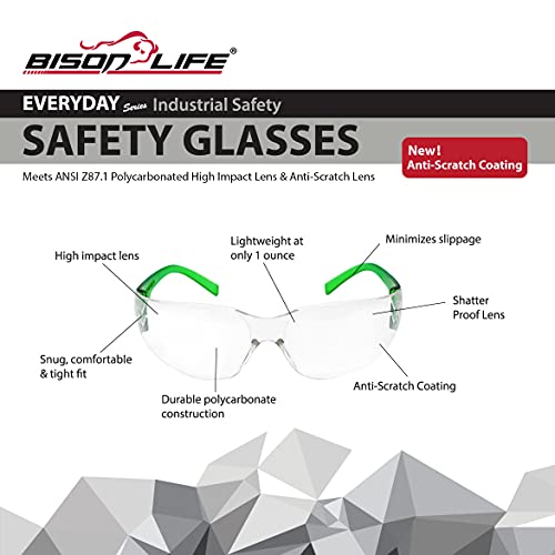 BISON LIFE Safety Glasses - Scratch Resistant Wrap Around Eyewear, Polycarbonate ANSI Z87.1 Impact Resistant Lens - color: Clear/Green