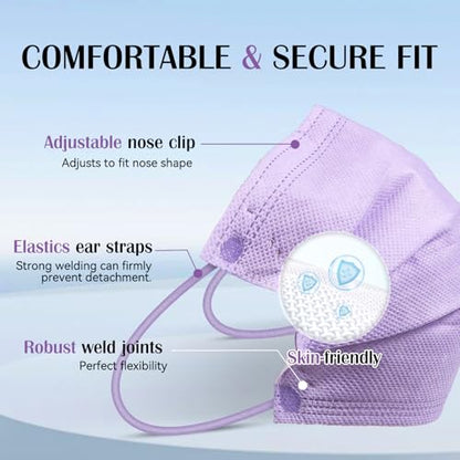 Disposable Face Mask For Adults - Travel Essentials, 100 Pack Individually Wrapped, 4 Ply Protection,Safety Masks Disposable - color: Purple