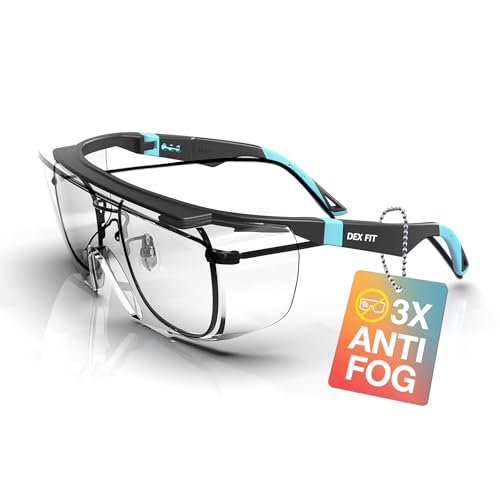 DEX FIT Safety Glasses Over Eyeglasses SG210N - Anti-Fog & Scratch Resistant Z87.1 Certified, Adjustable Temples, Side Shields, UV Protection, Clear Lens PPE for Men & Women; Black & Blue, 1 PC - color: Black/Blue - Clear, size: 1 PC