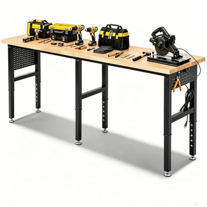 ENJOYWOOD 96" x 24" Heavy Duty Workbench Adjustable Height Garage Work Table with Solid Rubberwood Top, Extended Pegboards & Power Outlets for Workshop, Home & Office - size: 96 Inch