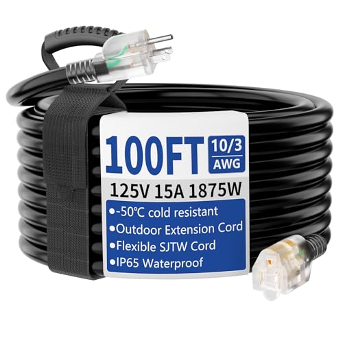 100ft Outdoor/Indoor Extension Cord with Lighted 10/3 Gauge Ultra 3 Prong Heavy Duty SJTW, Waterproof, Flexible Cold-Resistant,15A 125V 1875W, Black - size: 100FT
