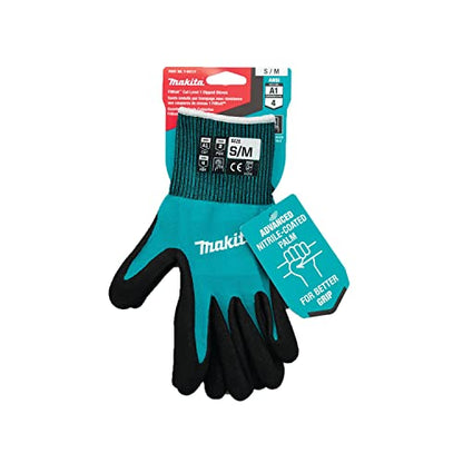 Makita Unisex FitknitÂ T 04117 FitKnit Cut Level 1 Nitrile Coated Dipped Gloves Small Medium, Teal/Black, Small Medium US - size: Small-Medium