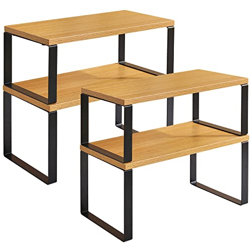 YMYNY Cabinet Shelf Organizer, Spice Racks Set of 4, Kitchen Counter Shelves, Stackable, Wood, Cupboard Organizer for Dishes, Seasoning, Cosmetics, Cans, Coffee Mugs, Natural, UHSR002N-2 - color: Natural