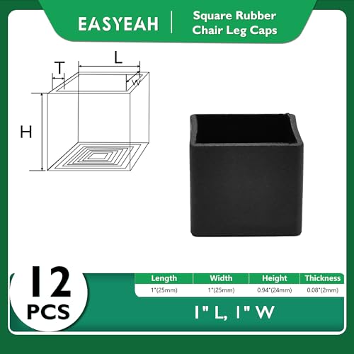 EASYEAH 1" (25mm) Square Chair Leg Floor Protectors, Black Rubber Chair Leg Caps, Non-Slip Patio Furniture Feet Cap, PVC Chair Feet Covers for Hardwood Floors, Tables & Patio Furniture, 12pcs - size: 1" x 1"