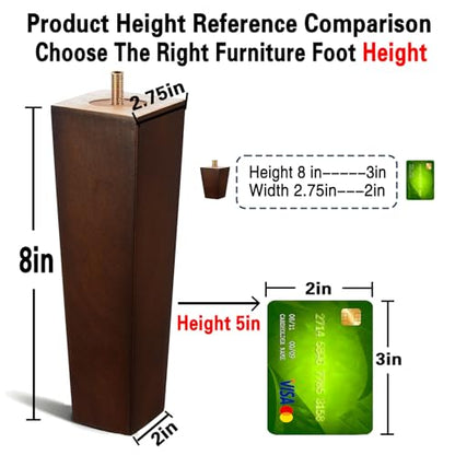 SHANJUE 8 Inch Wood Furniture Legs Set of 4, Square Rubberwood Replacement Sofa Legs with 5/16" & M8 Bolts for US Sectionals and European Beds, Heavy Duty Brown Couch Feet - size: 8 inches