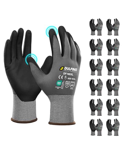 DULFINE Safety Work Gloves for Men & Women, MicroFoam Nitrile Coated Nylon Black Grip for General Purpose, 3/6/12/36 Pairs - color: Grey, size: Large