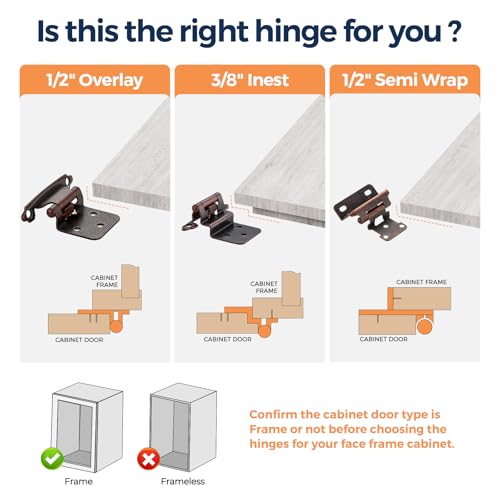 4 Pack (2 Pairs) 1/2" Overlay Cabinet Hinges, Antique Copper Self-Closing Semi-Concealed Partial Wrap Face Frame Hinges for Cabinet Doors - color: Antique Copper