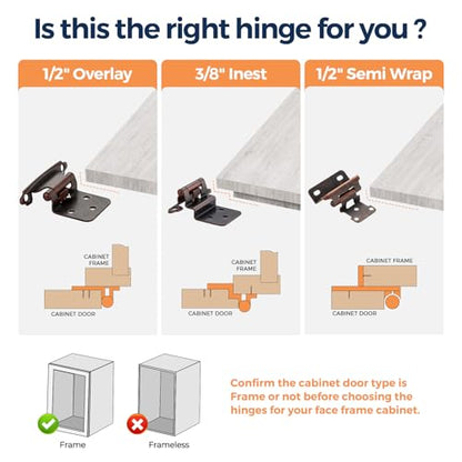 4 Pack (2 Pairs) 1/2" Overlay Cabinet Hinges, Antique Copper Self-Closing Semi-Concealed Partial Wrap Face Frame Hinges for Cabinet Doors - color: Antique Copper
