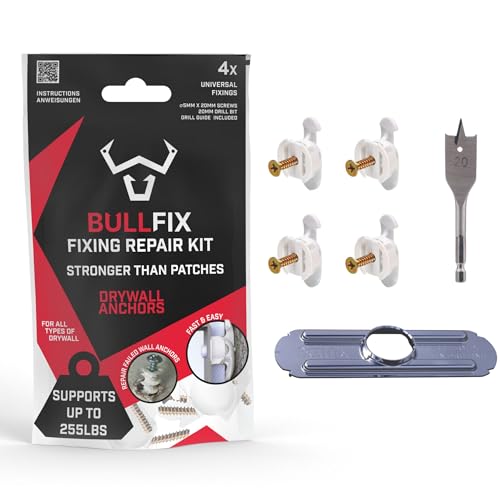 Bullfix Drywall Hole Repair Kit - Wall Fixer Hole Kit with Universal Anchors & Screws for Cavity Walls, Stud & Dot Dab, Supports Up to 255 lbs, Dry Wall Repair Kits with Drill Bit & Guide - 4 Pack