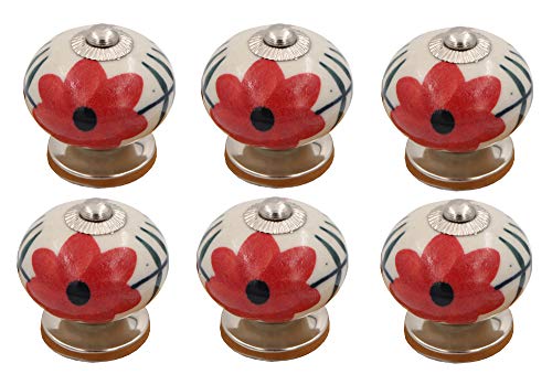 THDC Painted Ceramic Knob, Cabinet Knob, Drawer Knob, Dresser Knob, Handmade, Hand Painted, Vintage Knob (Set of 6) (Red Flower) - color: Red Flower Hand Painting