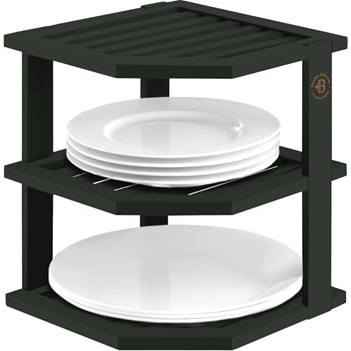 Bambüsi Plate Organizer for Cabinet - Corner Cabinet Organizer and Kitchen Cabinet Organizer Shelf, Kitchen Countertop Organizer for Plates, Dishes and Bowls, Space Saving Corner Rack, Black - color: Black