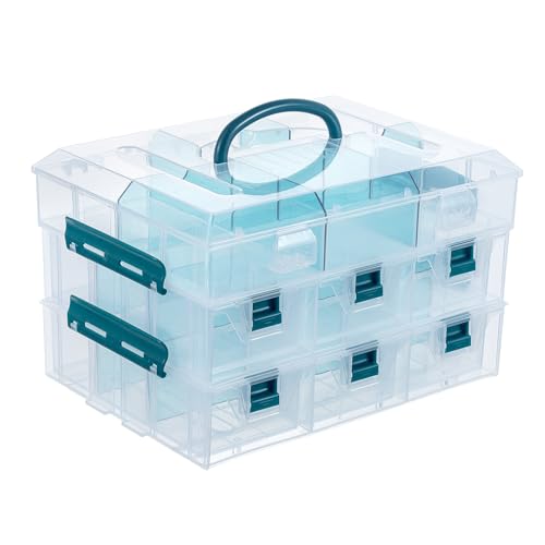 MyGift 11 Inch Clear Arts and Crafts Stackable Container, Sewing Supplies Storage Organizer Case with Blue Accents, 24 Customizable Compartments, and 6 Drawers with Removable Dividers - color: Blue