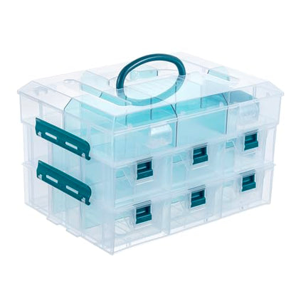 MyGift 11 Inch Clear Arts and Crafts Stackable Container, Sewing Supplies Storage Organizer Case with Blue Accents, 24 Customizable Compartments, and 6 Drawers with Removable Dividers - color: Blue