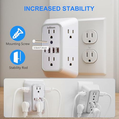 JcBlaon Surge Protector Outlet Extender 6 Outlet Extender with 4 USB Ports (PD 30W), 3 Sided 1050J Multi Plug Wall Adapter Power Strip for Home Travel Office Essentials - color: White PD30W 1PC