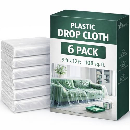 GREEN LIFESTYLE Plastic Drop Cloths for Painting 12 x 9 ft [6 Pack] – Waterproof Paint Drop Cloth, Plastic Sheets Floor Cover, Disposable Tarp for Furniture Protection, Remodeling and Moving - size: Plastic Drop 9x12
