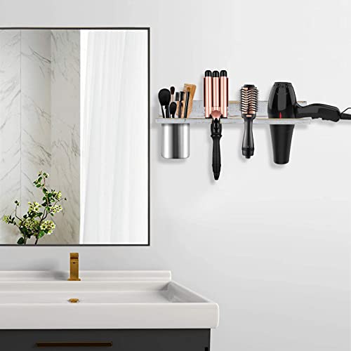 Hair Tool Organizer Wall Mounted, Sturdy Pine Wood Construction, Removable Stainless Steel Cup, Holds Hair Dryers, Straighteners, Curling Irons, Brushes, and More, White - color: White