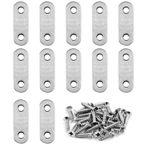 Litoexpe 12 Pcs 1.9 Inch Stainless Steel Straight Brackets, Silver Flat Straight Brace Metal Mending Plate Connector for Wood Furniture Repair, with 24 Pieces Screws (1.9 x 0.6 inch, 47 x 16 mm) - style: 1.9 x 0.6 inch (12 Pack)