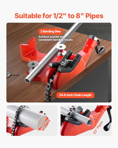VEVOR Heavy-Duty Pipe Chain Vise, 1/2" - 8" Pipe Capacity, 34.6" Rugged Chain & Cast Iron Base, Industrial-Grade Pipe Clamping for Plumbing, Automotive Repairs, Metalworking - size: 1/2" - 8" Bench Mount