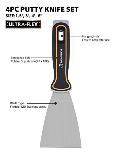 ROLLINGDOG 4PC Putty Knife Set(1.5",3",4",6") - Putty Knives Spackle Knife Great for Putty Scraper, Cleaning, Spreading on Drywall Repairs