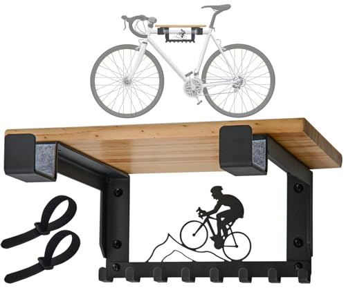 Bike Rack Wall Mount with Shelf and 8 Hooks Offer Horizontal Indoor Bike Storage for Sheds Garages. Wooden Bike Rack Bracket for Road, Mountain, Travel Bicycles, Maximizing Space