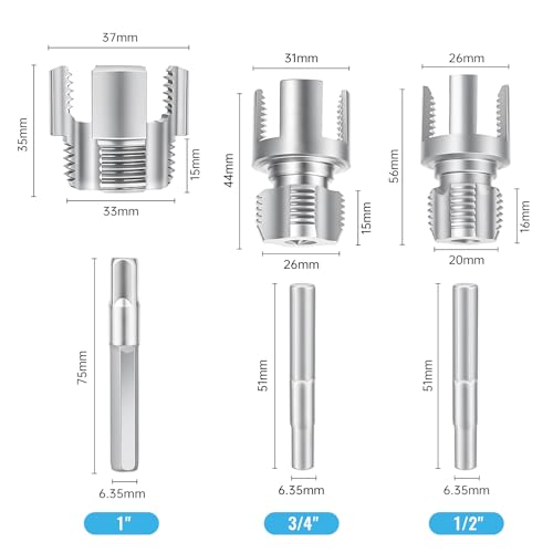 3PCS Integrated Internal & External Pipe Threader Tool for Electric Drill, NPT Thread Maker 1/2", 3/4", 1" with 2 Rolls PTFE Tape, PVC Plastic Pipe Threading Kit for Plumbing and Home Repairs