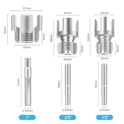 3PCS Integrated Internal & External Pipe Threader Tool for Electric Drill, NPT Thread Maker 1/2", 3/4", 1" with 2 Rolls PTFE Tape, PVC Plastic Pipe Threading Kit for Plumbing and Home Repairs