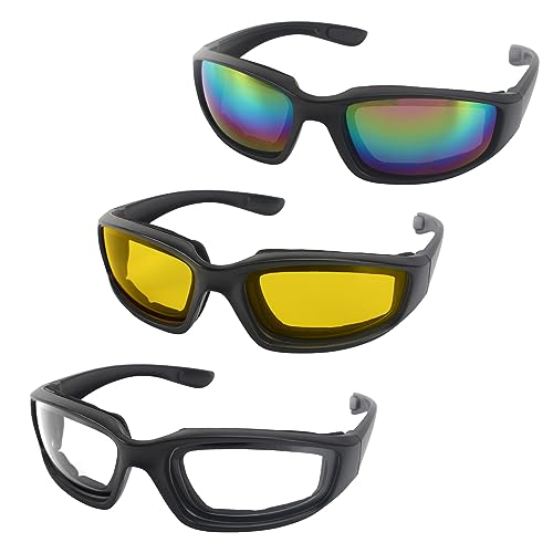 3 Pair Motorcycle Riding Glasses Padding Goggles UV Protection Dustproof Windproof Motorcycle Sunglasses for Outdoor Actives - color: 3 Pairs Glasses/Clear+yellow+color