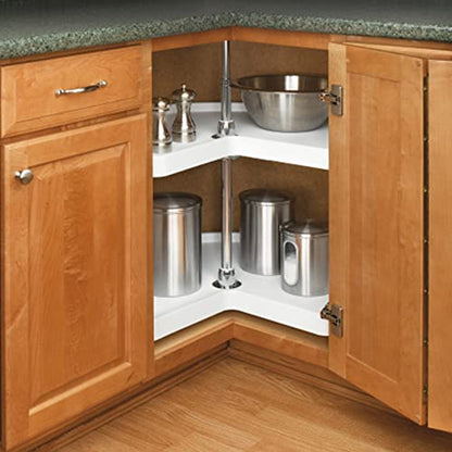 Rev-A-Shelf 18" Kidney Shaped Dual Tier Lazy Susan Organizer for Corner Base Kitchen Cabinets, Plastic Home Storage Shelves, White, 6472-18-11-52 - size: 18 in.