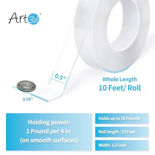 Art3d Double-Sided Mounting Tape (10FT), Multipurpose Removable Adhesive Foam Tape, Transparent, Household - size: 1/24" x 1/2" x 10'