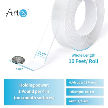 Art3d Double-Sided Mounting Tape (10FT), Multipurpose Removable Adhesive Foam Tape, Transparent, Household - size: 1/24" x 1/2" x 10'