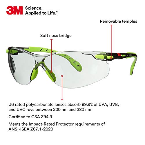 3M Safety Glasses, Solus 1000, S1207SGAF, ANSI Z87, Scotchgard Anti-Fog Lens, Green/Black Frame, Indoor/Outdoor Gray Lens, Padded Temple, Soft Nosebridge, UV Protection, Premium Eye Protection - size: Single, style: Gray I/O Lens, Green/Black Frame