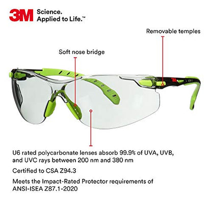 3M Safety Glasses, Solus 1000, S1207SGAF, ANSI Z87, Scotchgard Anti-Fog Lens, Green/Black Frame, Indoor/Outdoor Gray Lens, Padded Temple, Soft Nosebridge, UV Protection, Premium Eye Protection - size: Single, style: Gray I/O Lens, Green/Black Frame