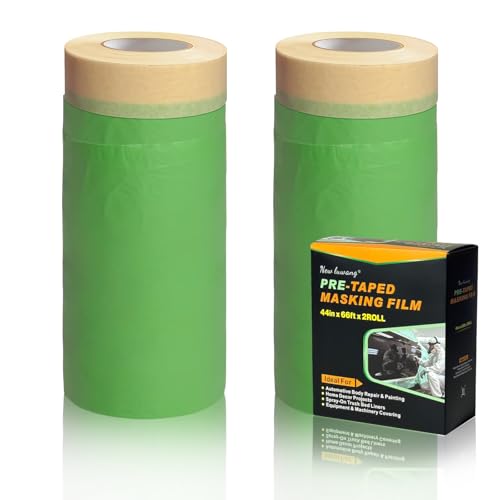 Thickened Pre-Taped Masking Film, Masking Tape Painters Plastic, Paint Protection Film Masking Master for Auto Body Walls Furniture, 44" x 66'(2 Rolls) - size: 44in x 66ft