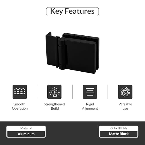 FHC L-Mount Universal Hinge, Aluminum Material, Matte Black Finish, for 1/4" Tempered Glass, Free-Swinging Single-Acting, Square Design Shower Door Hinge - color: Matte Black