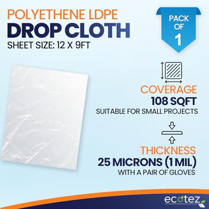 1 Pack 12 x 9 ft Extra Large Plastic Drop Cloth for Painting - Light & Durable Tarp Cover for Furniture - Plastic Clear Tarp Waterproof - Paint Floor Covering - Painters Drop Cloth Sheeting - size: 1 Sheet