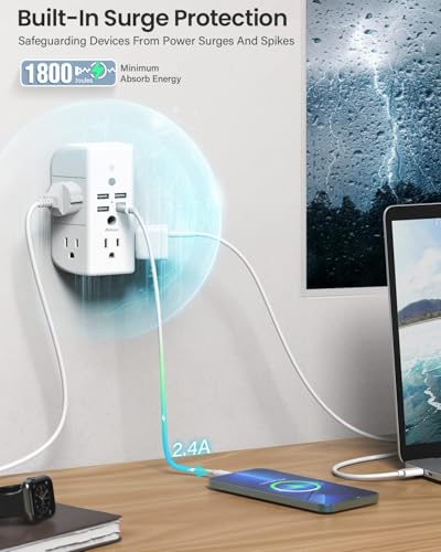 Wall Outlet Extender with Shelf and Night Light, Surge Protector, Wall Mount Charger Multi Plug Expander with 5 AC Outlets and 3 USB A Ports 1 USB C, Wide Space 3-Sided Power Strip Multi Plug Outlets - size: 1c3a