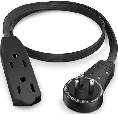 Maximm Cable 1 Ft 360° Rotating Flat Plug Extension Cord/Wire, 16 AWG Multi 3 Outlet Extension Wire, 3 Prong Grounded Wire - Black - UL Certified - color: Black, size: 1 Foot