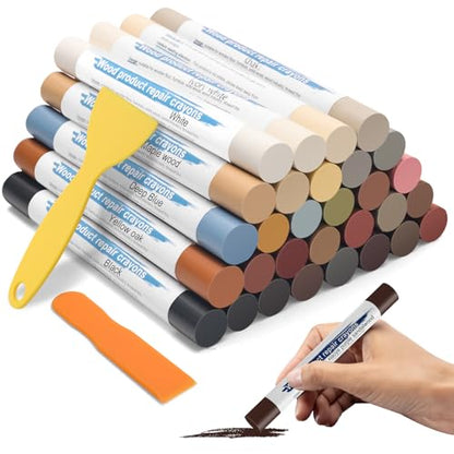 30+2P Wood Filler Sticks, Windspeed 30 Colos Wood Filler Putty Wax Crayons Furniture Repair Kit Putty Stick for Baseboard Cabinets Furniture Floors(with 2 Scrapers)
