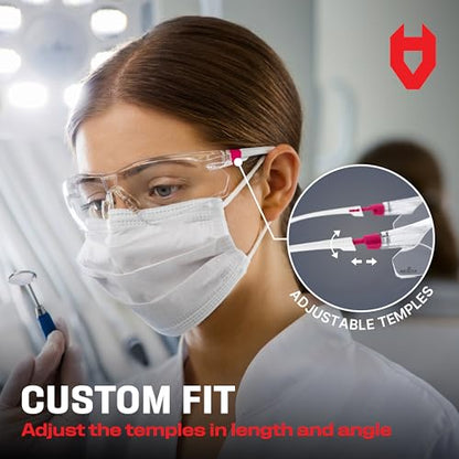 NoCry Clear Safety Glasses for Women with Adjustable Frames — Anti Fog Safety Glasses with 100% UV Protection & Scratch Resistance, ANSI Z87.1 Rated — Perfect Safety Goggles for Women, Nursing Goggles - color: White & Pink