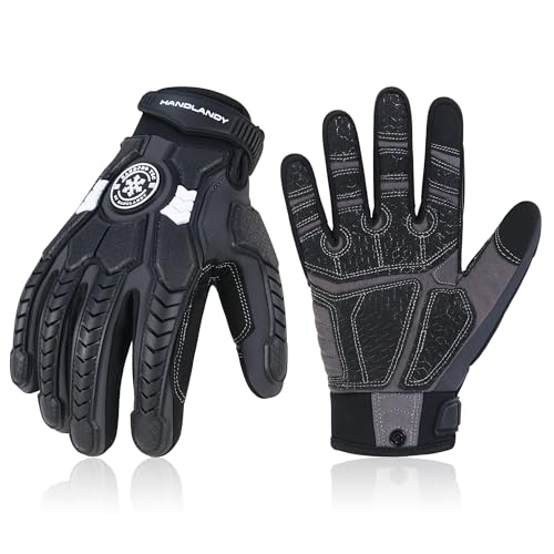 HANDLANDY HLDD Heavy Duty Work Gloves, TPR Protector Impact Gloves, Men Anti Vibration Mechanic Work Glove TouchScreen - color: Grey-insulated, size: Medium
