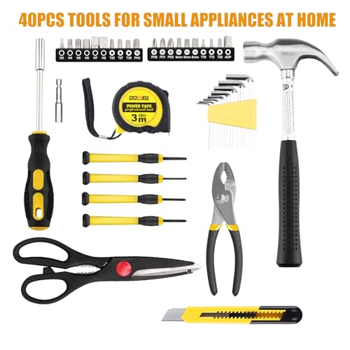 DOWELL 40 Piece Home Tool Set Yellow, General Household Hand Tool Kit with Plastic Toolbox Storage Case, Mini Repair Tool kit for Women, College Students, Home Use & More - color: Yellow