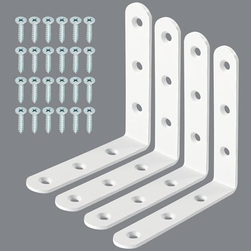 Alise 4 PCS L Brackets Heavy Duty Corner Bracket, 4 X4 Inch White Floating Shelf Brackets for Shelves, Stainless Steel L Shape Wall Mounting Brackets, Metal L Joint Angle Bracket for Wood Shelving - color: White, size: (4P) 4x4x0.8 inch