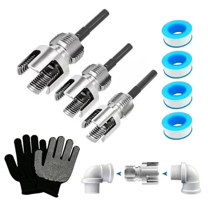 Pipe Threading Tool Set for 1/2", 3/4", 1" PVC & Plastic Pipes, Dual-Function Internal & External Thread Maker & Repair Kit, with Gloves & 4 Seal Tapes