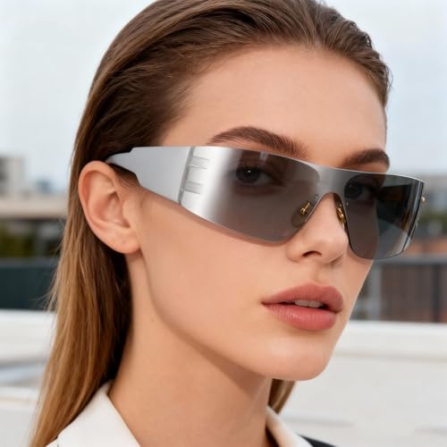 2 Pcs Futuristic Wrap Around Sunglasses Y2K Fashion Trendy Rimless Glasses Punk Eyewear for Women Men - color: Black+silver